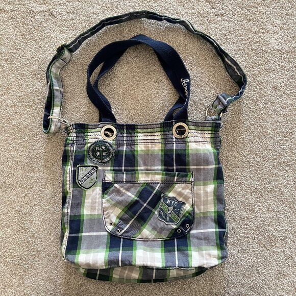 Aeropostale Handbags - Y2K Aeropostale Blue & Green Plaid Cotton Top Handle bag with Crossbody Strap